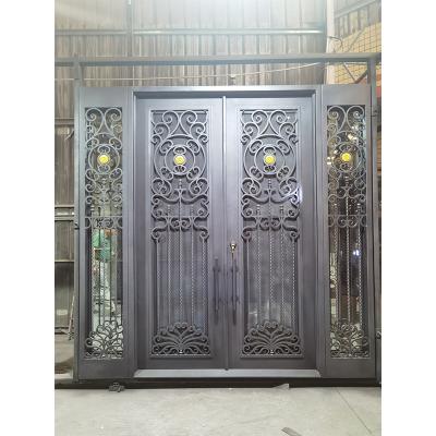 Simple French security entrance square top black double wrought iron door with sidelight design