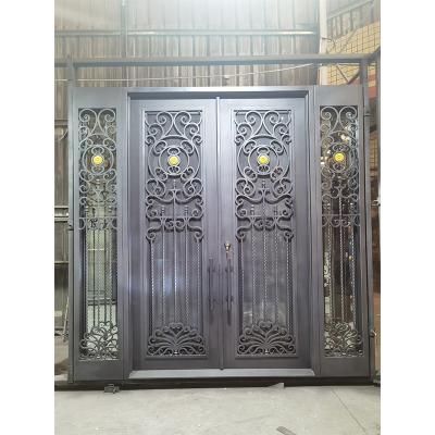 Simple French security entrance square top black double wrought iron door with sidelight design