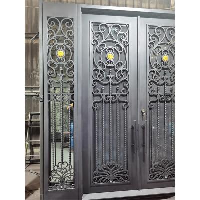 Simple French security entrance square top black double wrought iron door with sidelight design