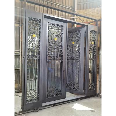 Simple French security entrance square top black double wrought iron door with sidelight design