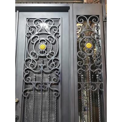 Simple French security entrance square top black double wrought iron door with sidelight design