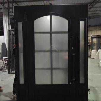 Grand Triple-Layered Wrought Iron Entry Door with Glass and Two Wrought Iron Side Windows