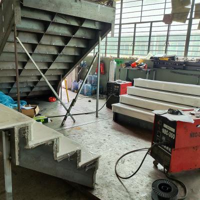 Private customized steel frame staircase with balustrade, marble slabs, sensor led light strips